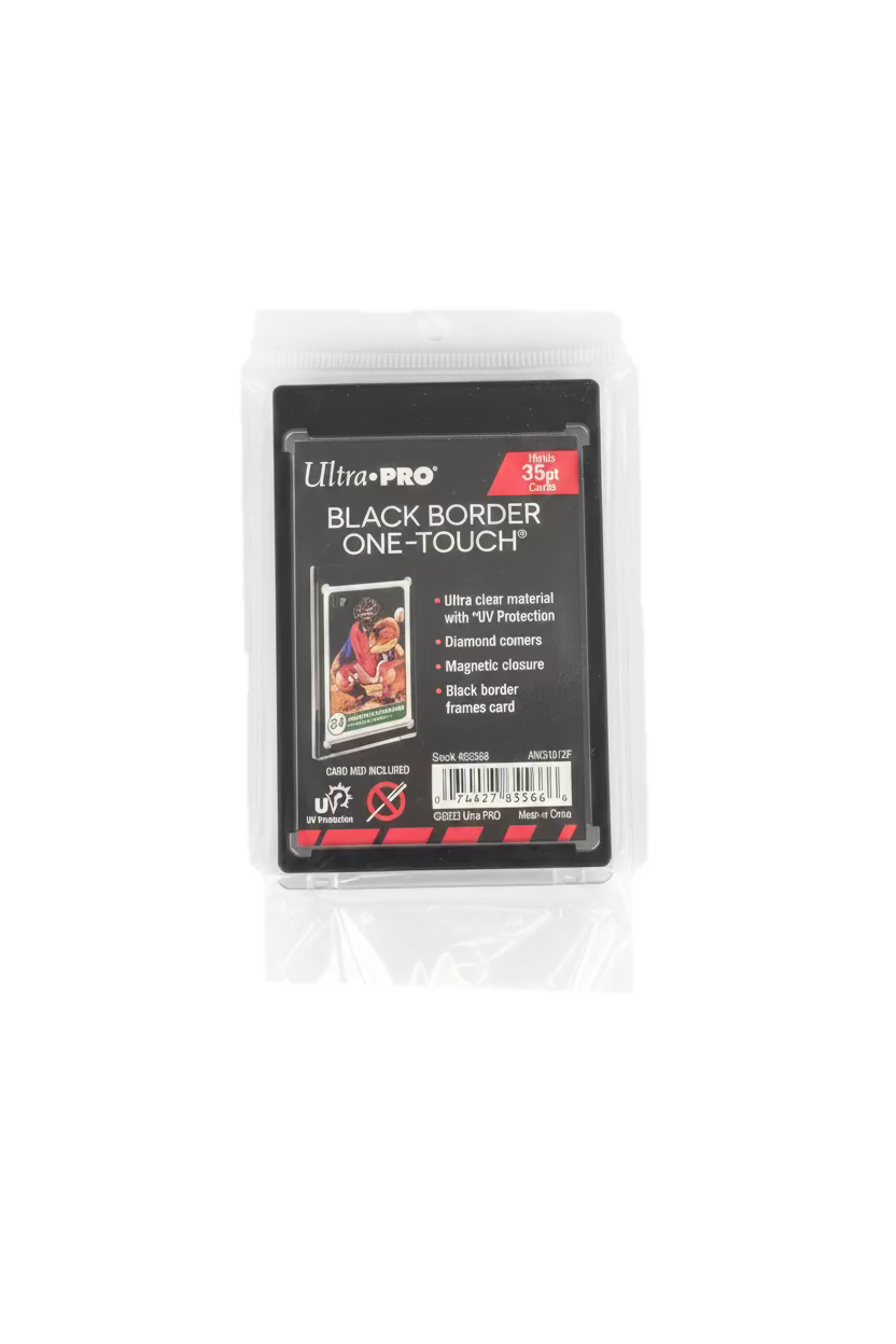 An Ultra Pro 35PT magnetic card holder with a black border inside a clear plastic retail bag.