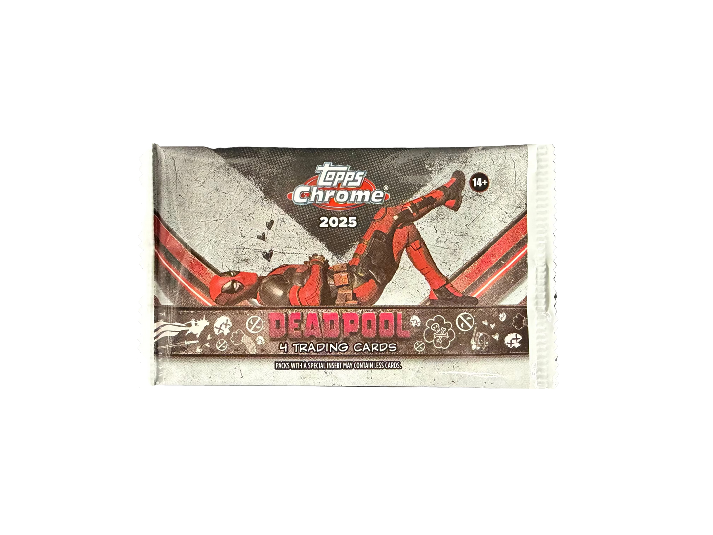 A 2025 Topps Chrome Deadpool trading card pack featuring an image of Deadpool lounging.
