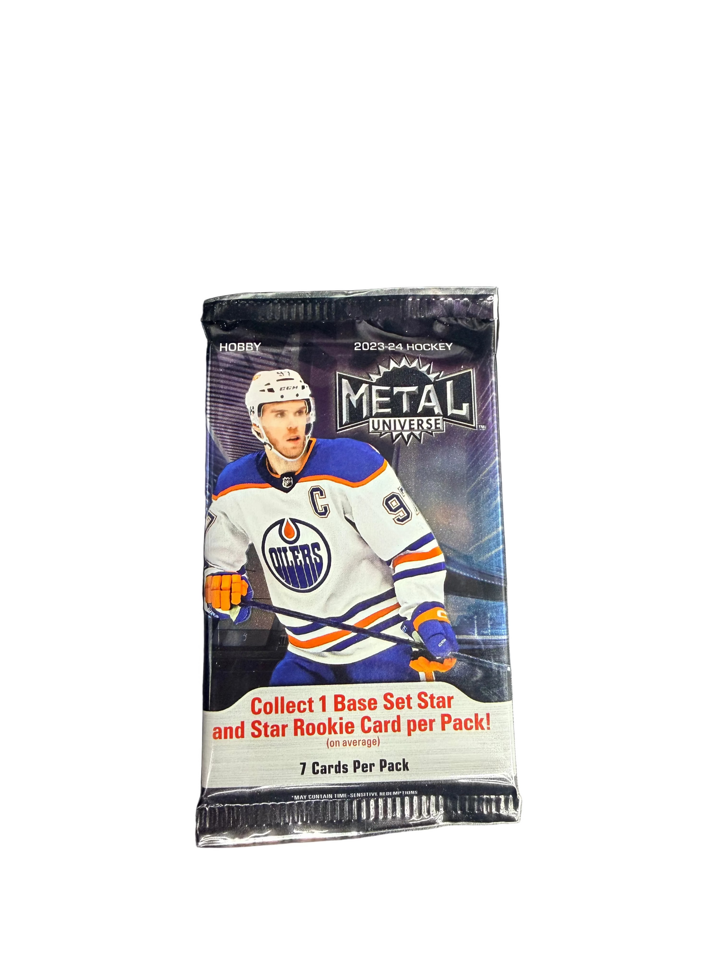 A 2023-24 Upper Deck Skybox Metal Universe hockey hobby pack featuring Connor McDavid.