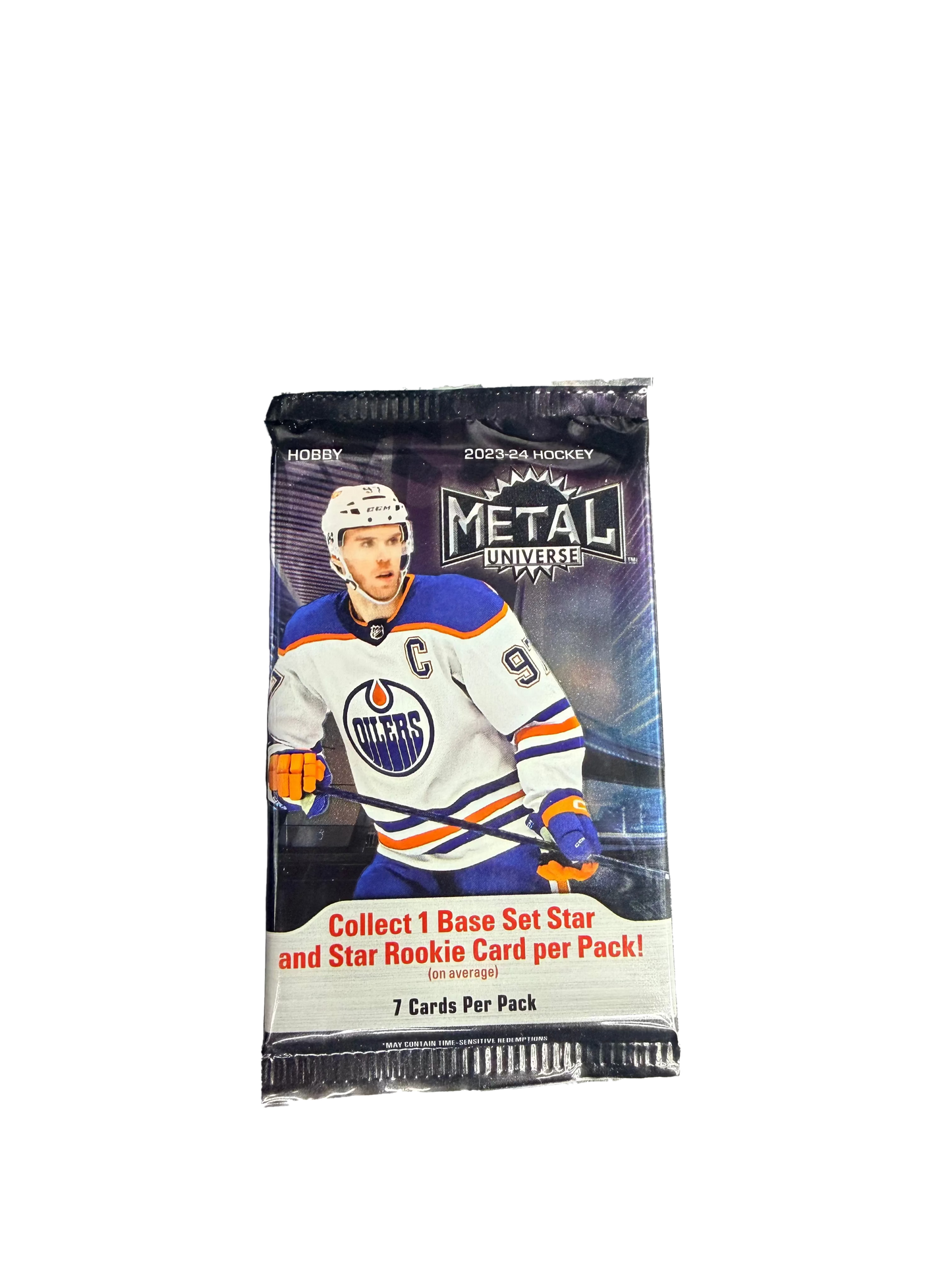 A 2023-24 Upper Deck Skybox Metal Universe hockey hobby pack featuring Connor McDavid.