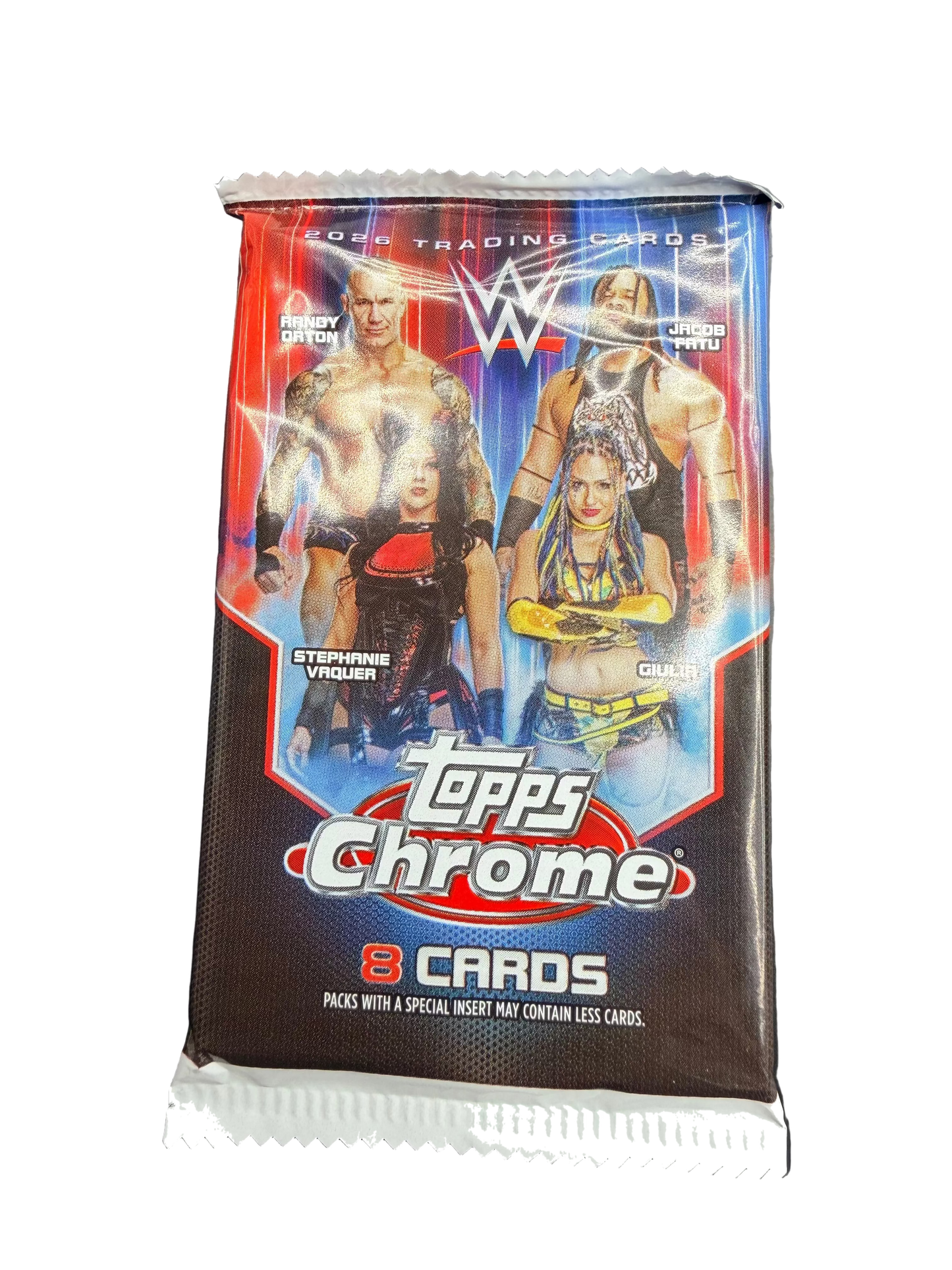 A 2026 Topps Chrome WWE trading card pack featuring Randy Orton, Jacob Fatu, and other wrestlers.