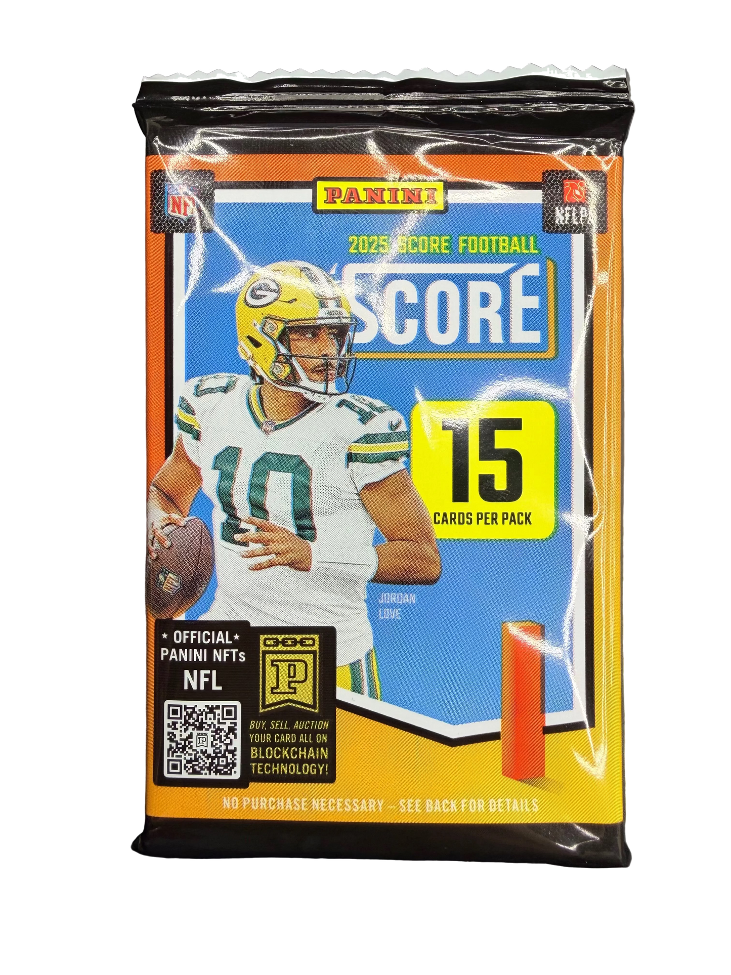 A 2025 Panini Score football card pack featuring Jordan Love on the front.