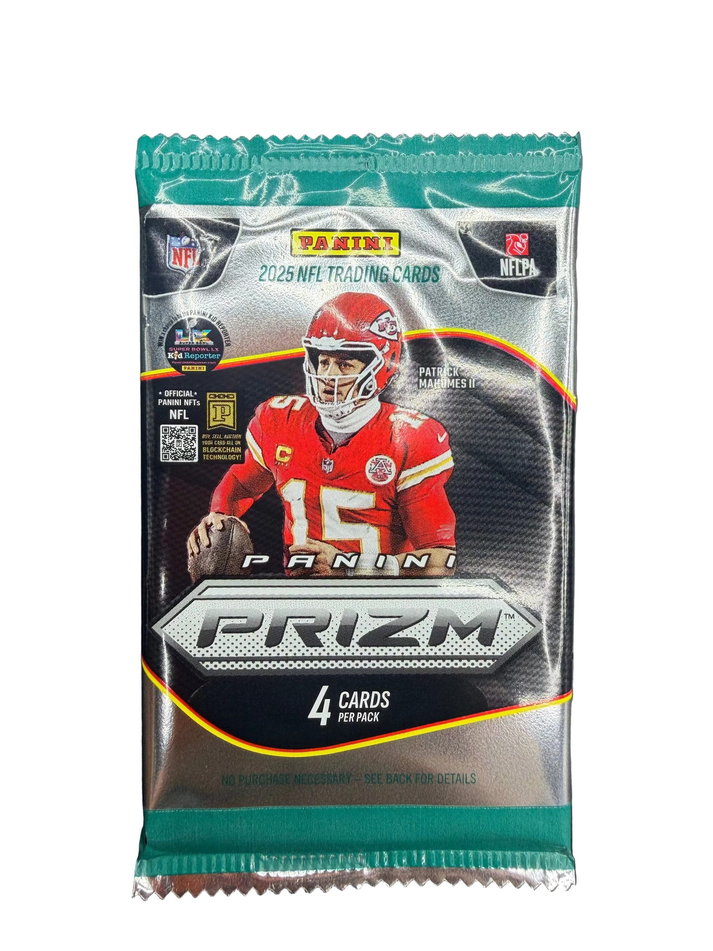 A 2025 Panini Prizm football trading card pack featuring Patrick Mahomes II.