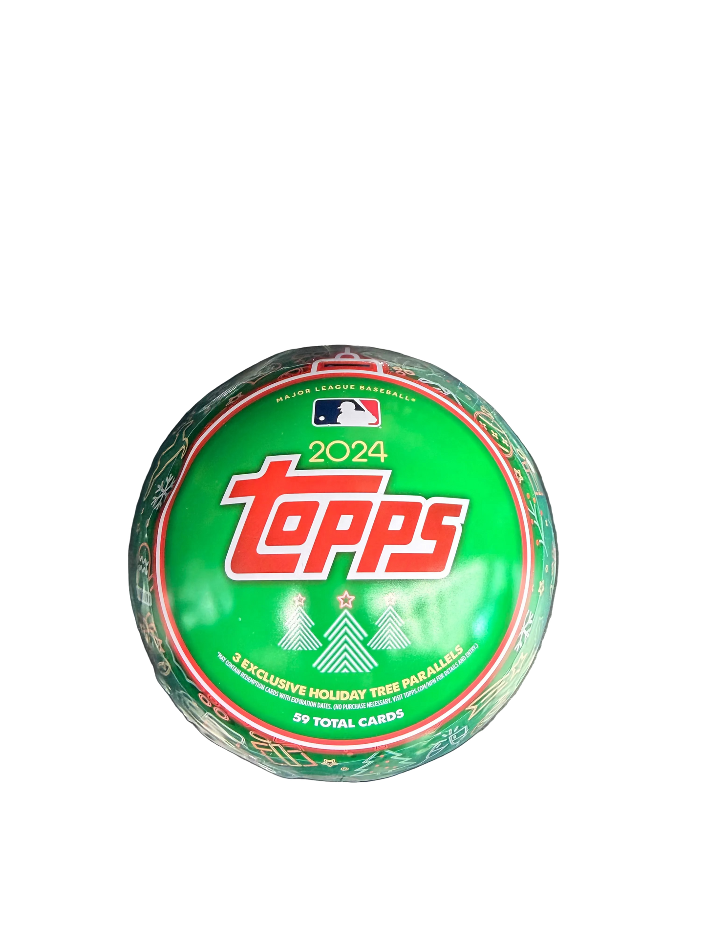 A green 2024 Topps Holiday Baseball mega box tin shaped like a Christmas ornament.