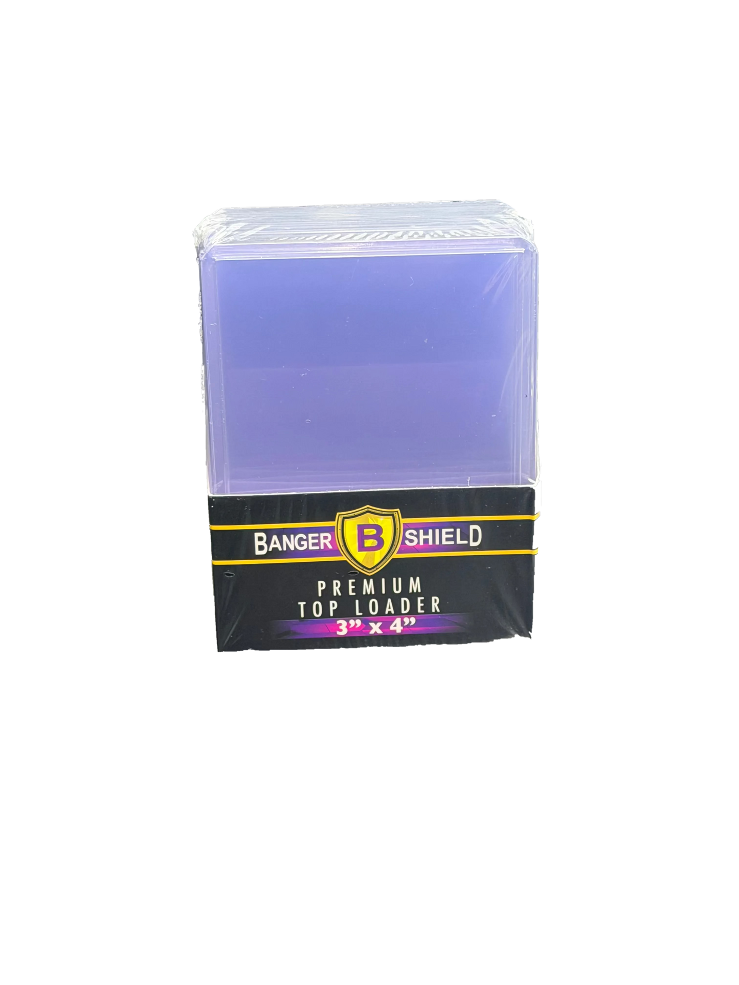 A stack of Banger Shield premium 3 by 4 inch top loaders for trading cards in clear plastic.