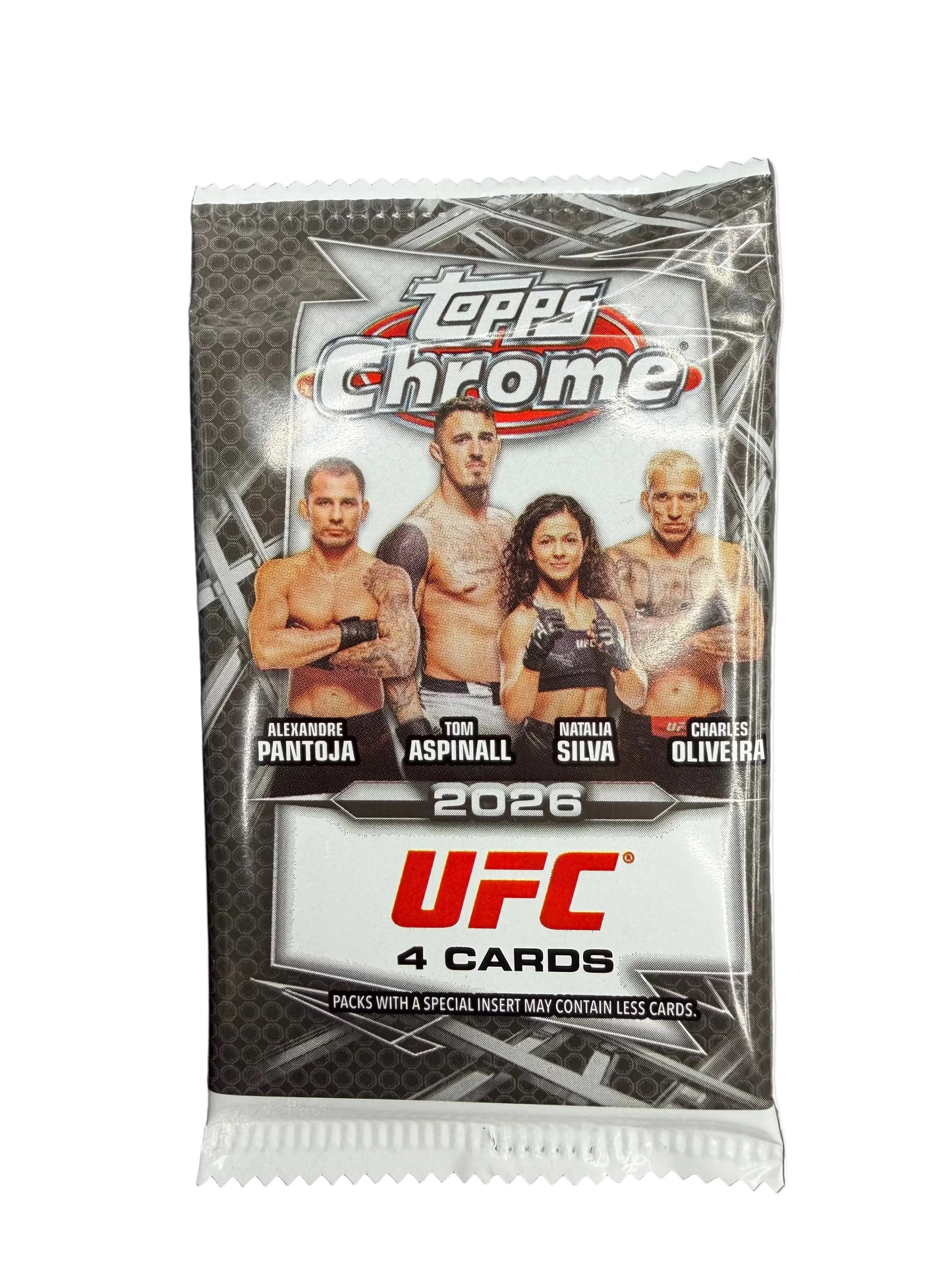 A 2026 Topps Chrome UFC trading card pack featuring images of four professional fighters.