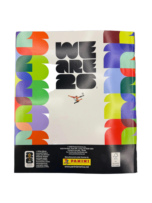 The back cover of the 2026 Panini World Cup soft cover sticker album features colorful graphics.