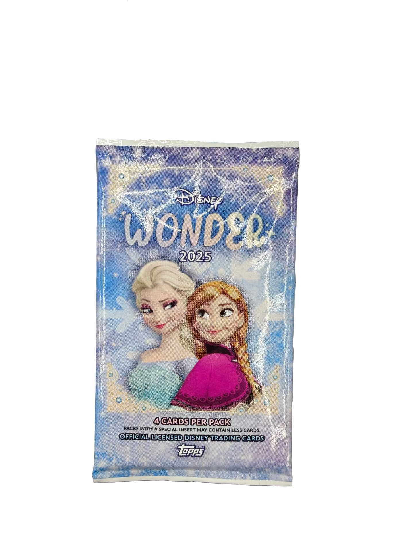 A 2025 Topps Disney Wonder trading card pack featuring Elsa and Anna from Frozen.