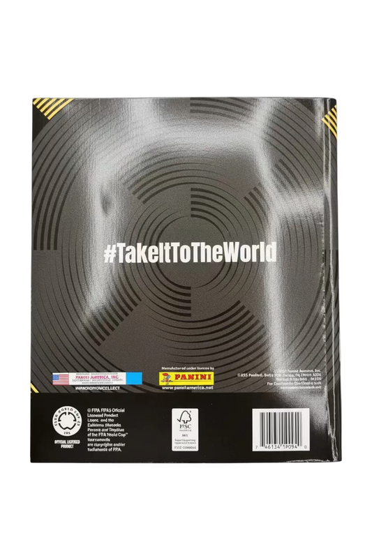 The back cover of the FIFA Club World Cup 2025 soft cover sticker album features branding and a barcode.
