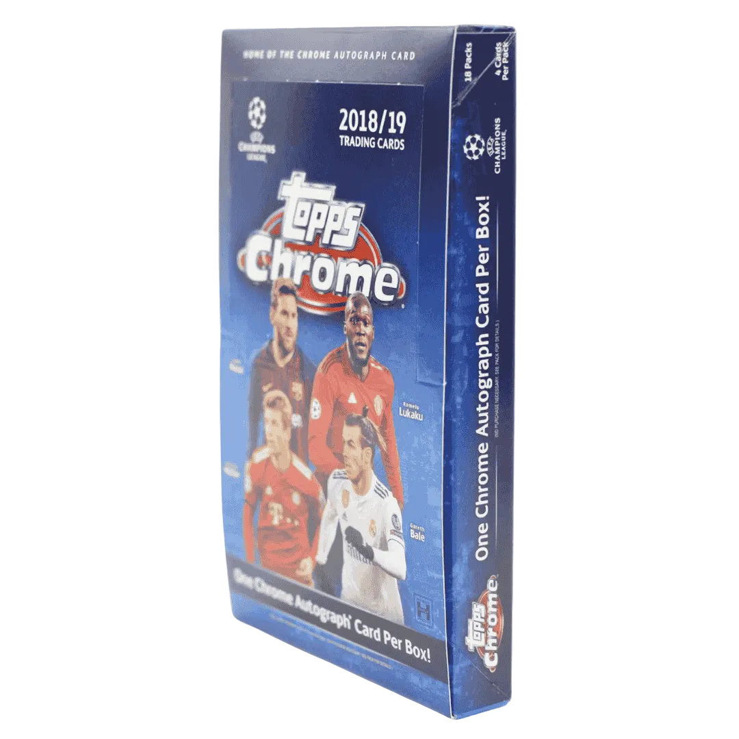 A 2018-19 Topps UEFA Champions League Chrome soccer hobby box featuring player imagery.
