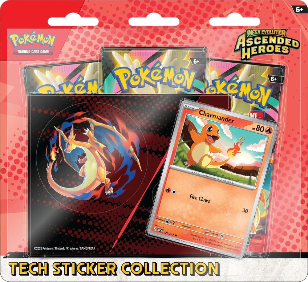 A Pokemon Ascended Heroes tech sticker collection pack featuring a Charmander trading card.