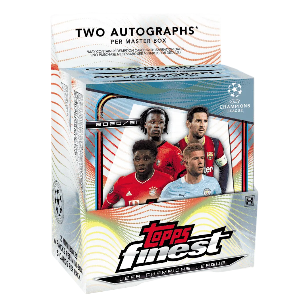 A 2020-21 Topps Finest UEFA Champions League soccer hobby box featuring four star players.