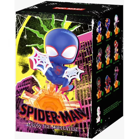 A Pop Mart Spider-Man Across the Spider-Verse blind box featuring a stylized Miles Morales figure.