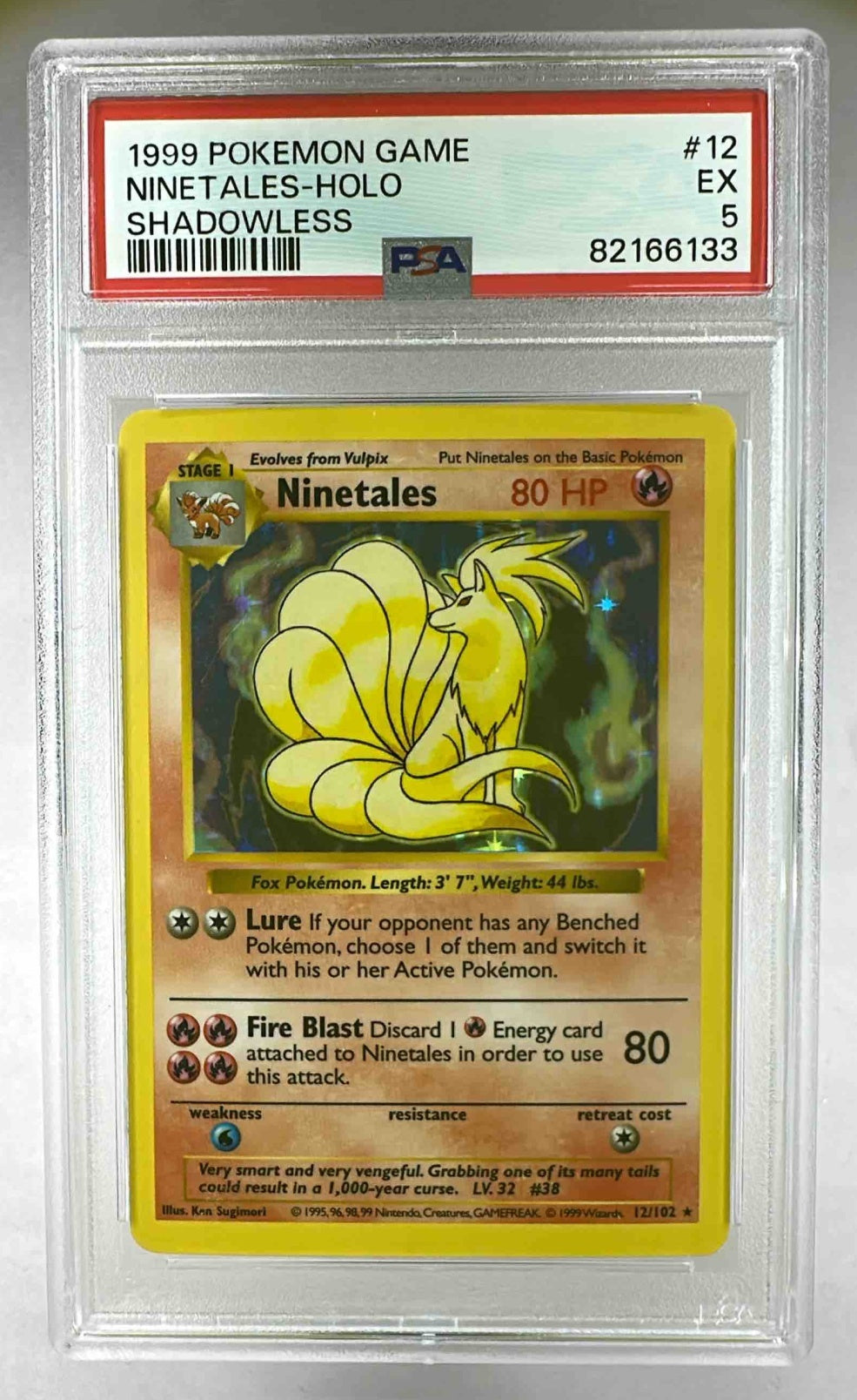 A PSA 5 graded 1999 Pokemon Base Set Ninetales holographic card in a protective plastic slab.