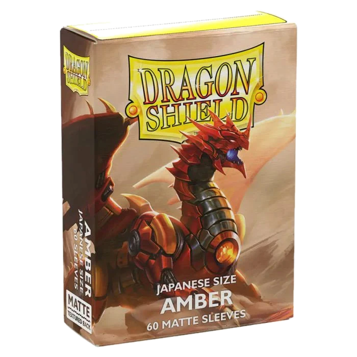A box of 60 Dragon Shield Japanese size matte card sleeves in an amber color.