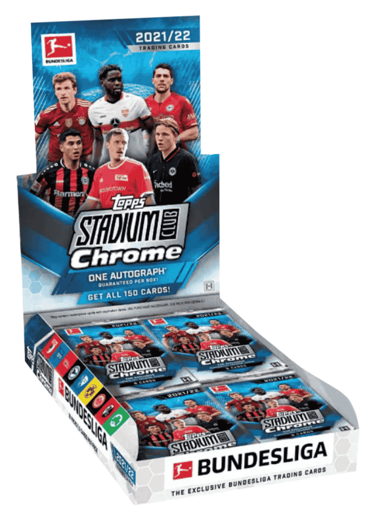 A 2022 Topps Stadium Club Chrome Bundesliga soccer hobby box containing multiple card packs.