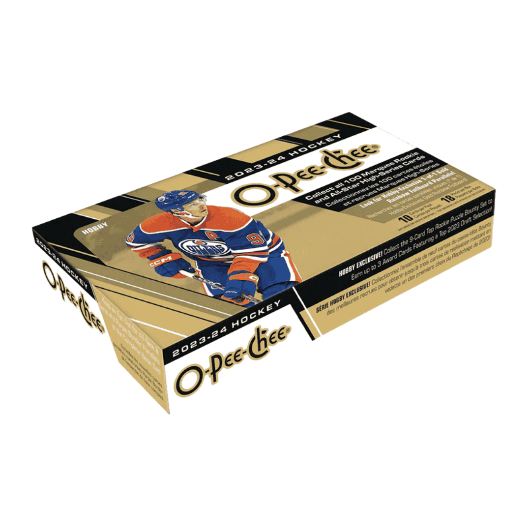 A 2023-24 Upper Deck O-Pee-Chee hockey hobby box featuring an Edmonton Oilers player on the cover.