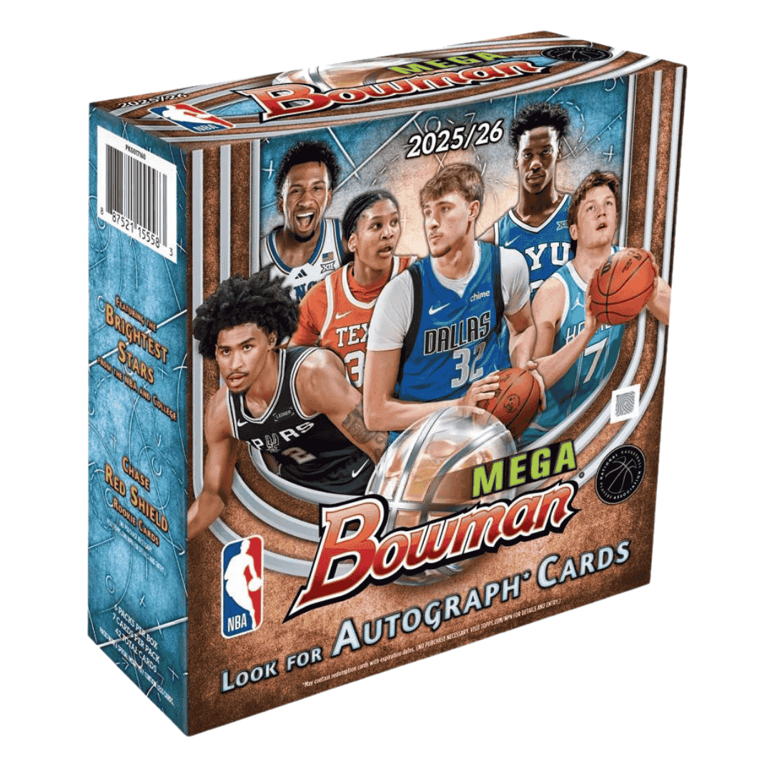 A 2025-26 Bowman Basketball Mega Box featuring images of professional and college players.