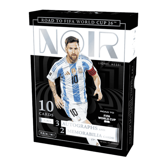 A Panini Noir Road to FIFA World Cup 26 soccer hobby box featuring Lionel Messi on the cover.