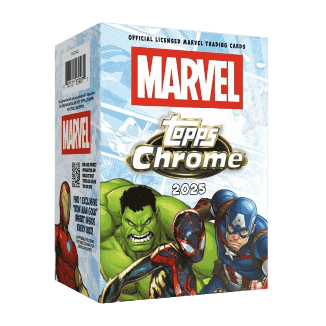 A 2025 Topps Marvel Chrome blaster box featuring Iron Man, Hulk, Miles Morales, and Captain America.