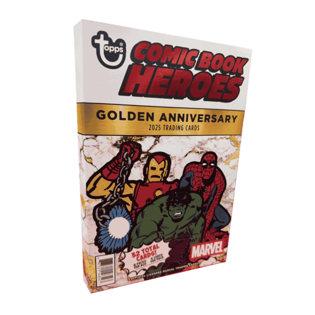 A 2025 Topps Marvel Comic Book Heroes Golden Anniversary trading card box featuring classic art.