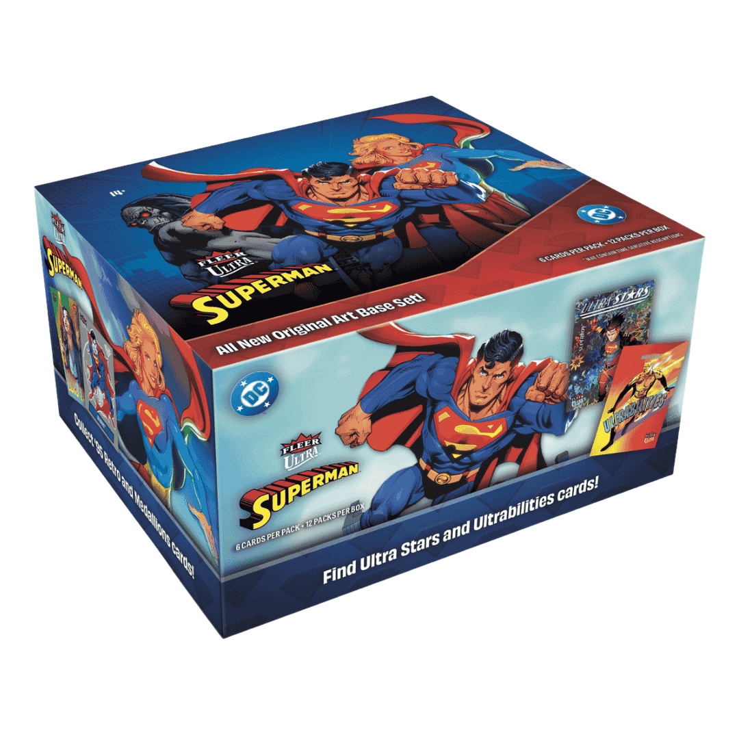A 2025 Upper Deck Fleer Ultra Superman hobby box featuring comic book art of Superman.