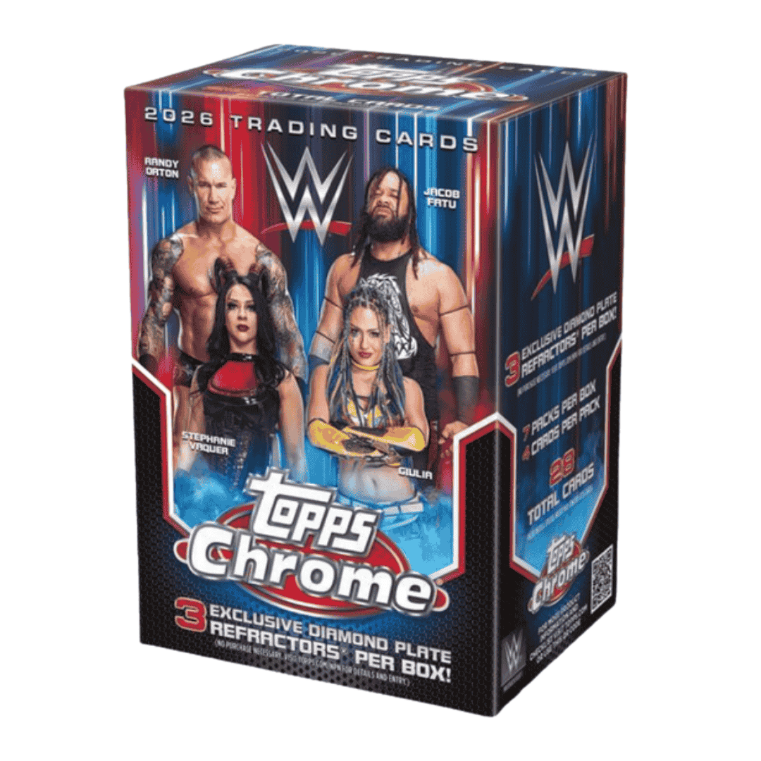 A 2026 Topps Chrome WWE value box featuring Randy Orton, Jacob Fatu, Stephanie Vaquer, and Giulia.