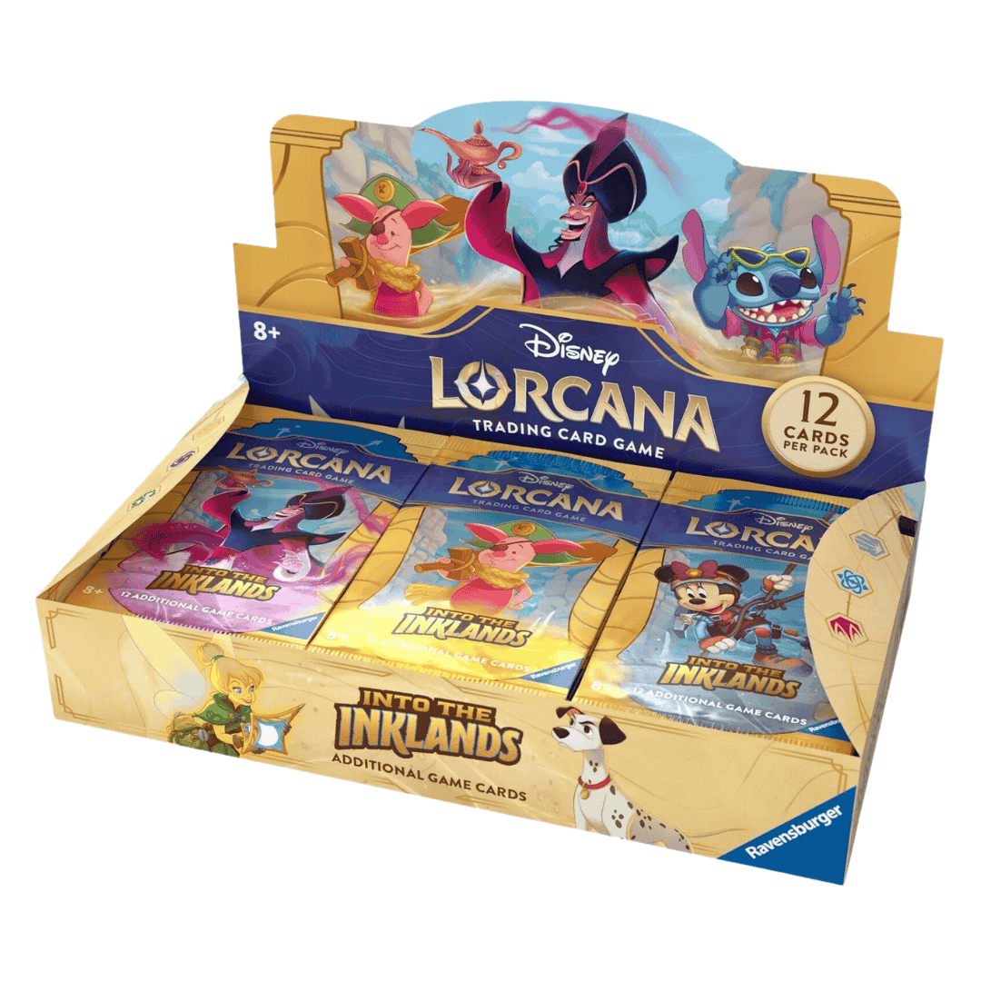 A Disney Lorcana Into the Inklands booster box containing multiple trading card packs.