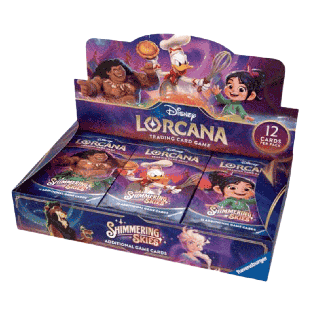 A Disney Lorcana Shimmering Skies booster box featuring character artwork on the display.