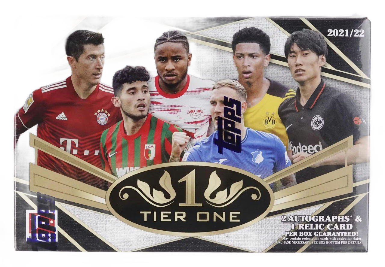 A 2021-22 Topps Tier One Bundesliga soccer hobby box featuring various players on the cover.