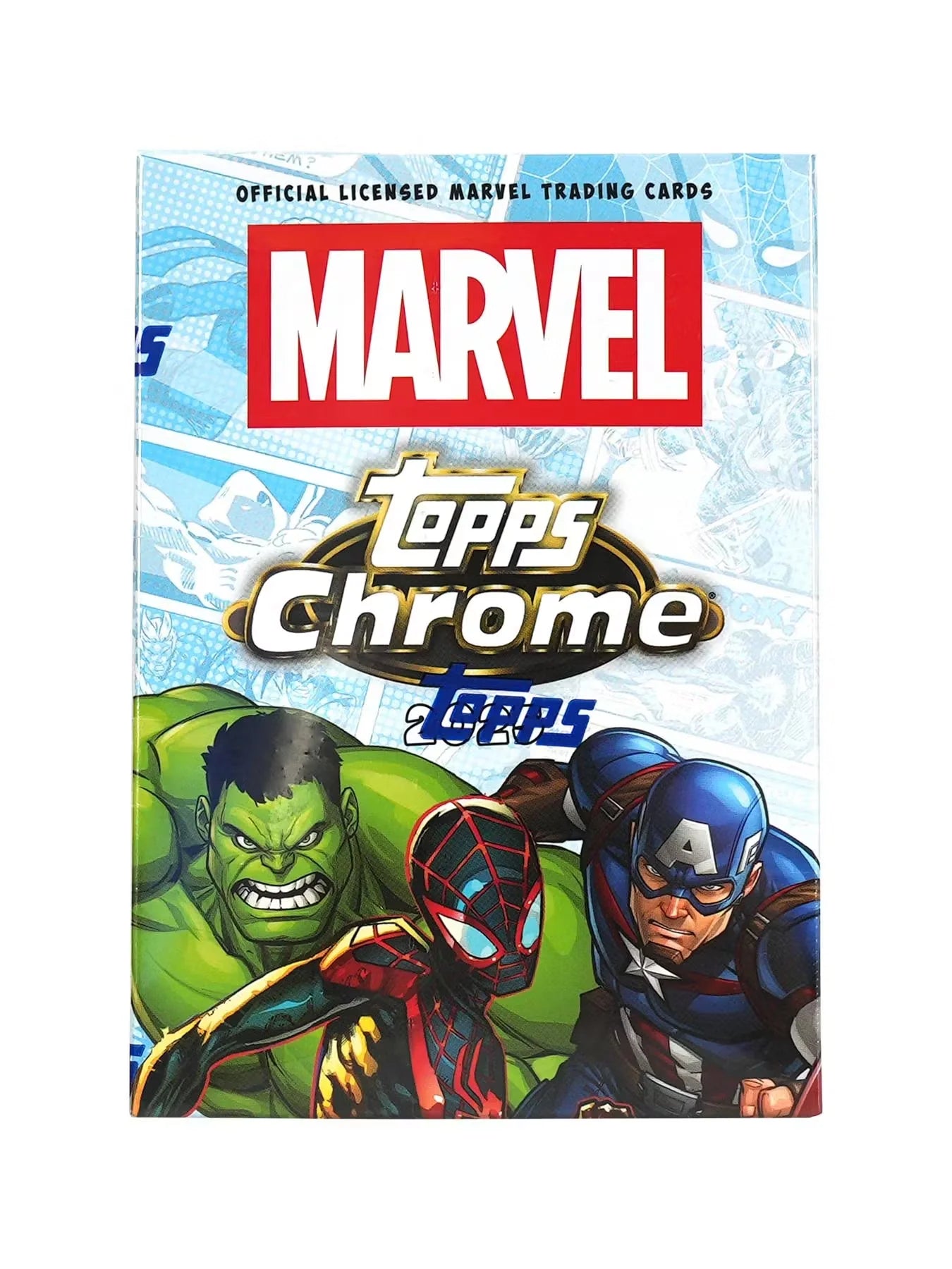 A 2025 Topps Marvel Chrome blaster pack featuring Hulk, Miles Morales, and Captain America.
