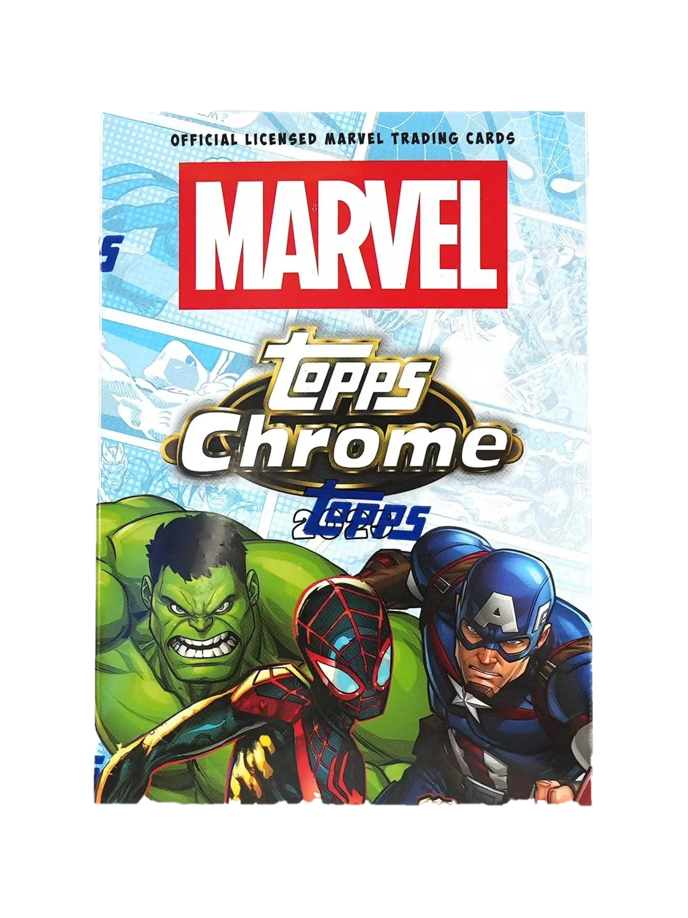 A 2025 Topps Marvel Chrome blaster pack featuring Hulk, Miles Morales, and Captain America.