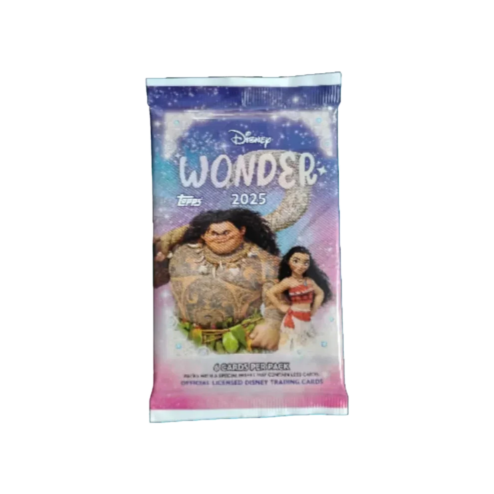 A 2025 Topps Disney Wonder trading card pack featuring Moana and Maui on the front.