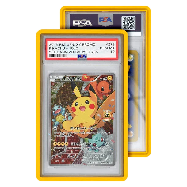 A yellow protective case for a PSA-graded Pokemon card featuring Pikachu.