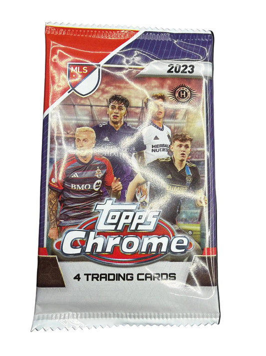 A 2023 Topps MLS Chrome hobby pack featuring four soccer trading cards.