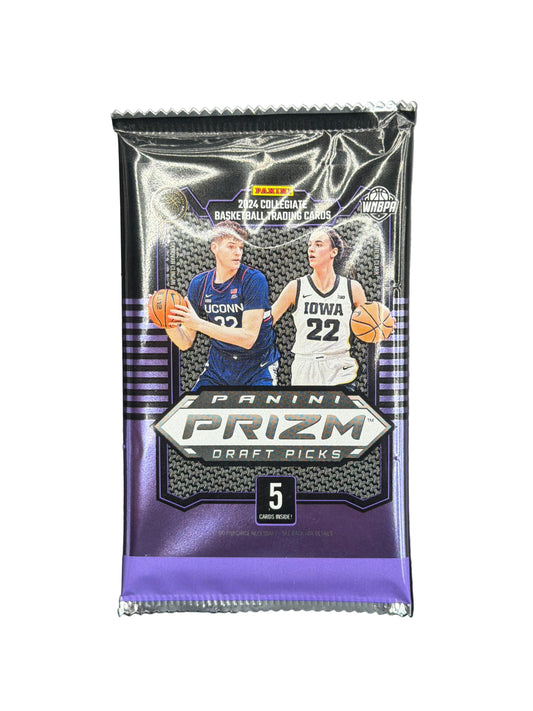 A 2024 Panini Prizm Draft Picks basketball card pack featuring Donovan Clingan and Caitlin Clark.