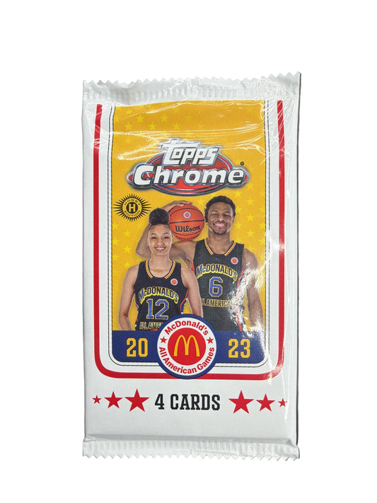 A 2023 Topps Chrome McDonald's All American basketball hobby pack containing four cards.