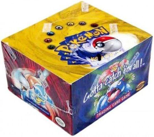 A sealed Pokemon Base Set booster box featuring artwork of Blastoise and Venusaur.