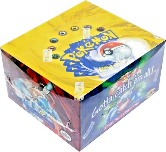 A sealed Pokemon Base Set Shadowless booster box featuring iconic artwork and Wizards of the Coast.