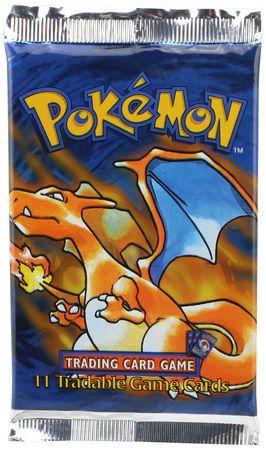 A sealed Pokemon Base Set Shadowless booster pack featuring Charizard artwork.