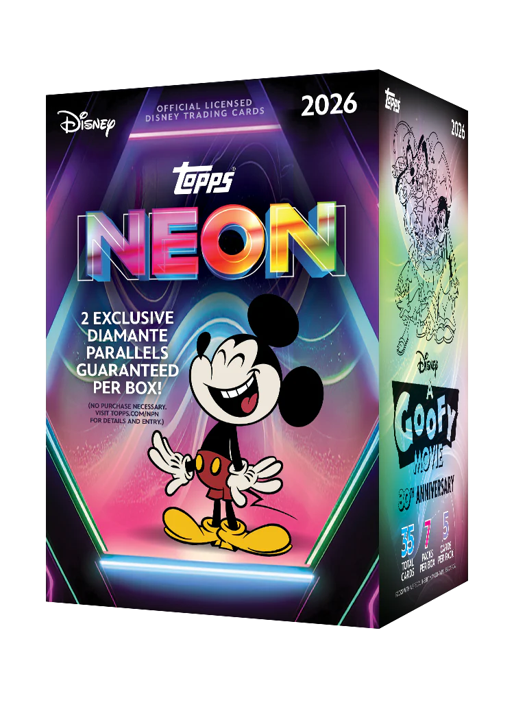 A 2026 Topps Disney Neon trading card value box featuring Mickey Mouse on the front.