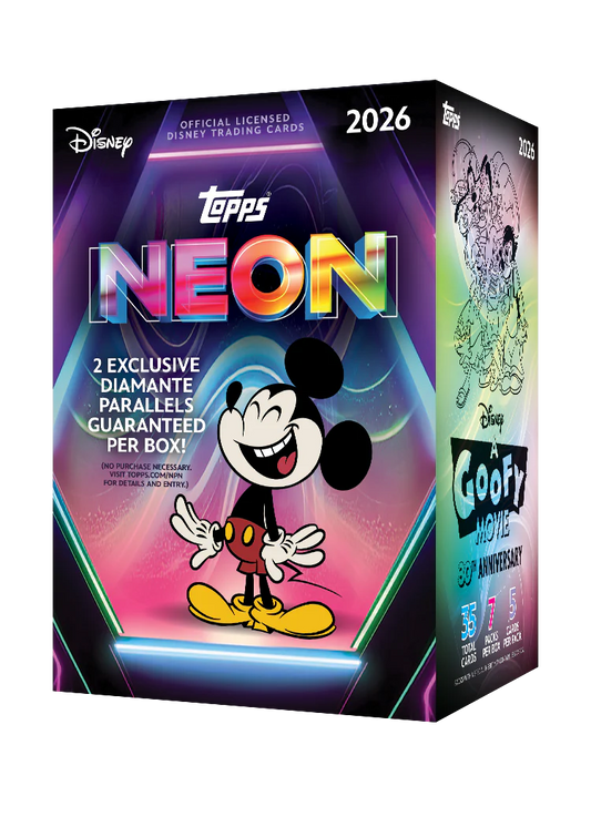 A 2026 Topps Disney Neon trading card value box featuring Mickey Mouse on the front.