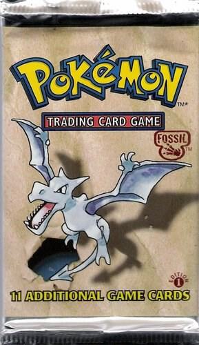 A sealed Pokemon 1st Edition Fossil booster pack featuring Aerodactyl artwork.