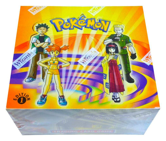 A sealed Pokemon 1st Edition Gym Heroes booster box featuring artwork of various gym leaders.