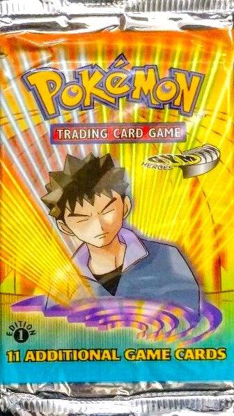 A sealed 1st Edition Pokemon Gym Heroes booster pack featuring Brock on the front.