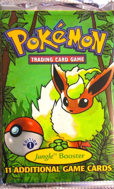 A sealed first edition Pokemon Jungle booster pack featuring Flareon artwork.
