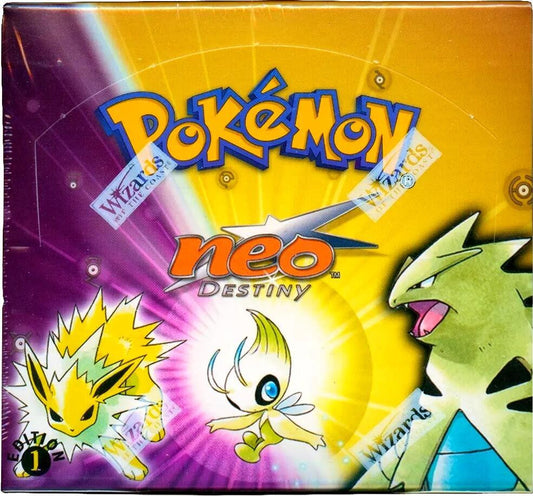 A sealed Pokemon 1st Edition Neo Destiny booster box featuring Jolteon, Celebi, and Tyranitar.