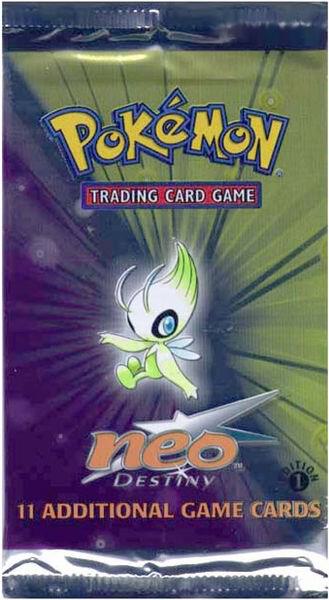 A sealed first edition Pokemon Neo Destiny booster pack featuring Celebi on the front.