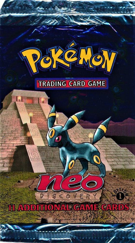 A sealed Pokemon Neo Discovery booster pack featuring Umbreon and a 1st Edition stamp.