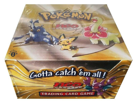 A sealed first edition Pokemon Neo Genesis booster box featuring illustrations of Johto region Pokemon.